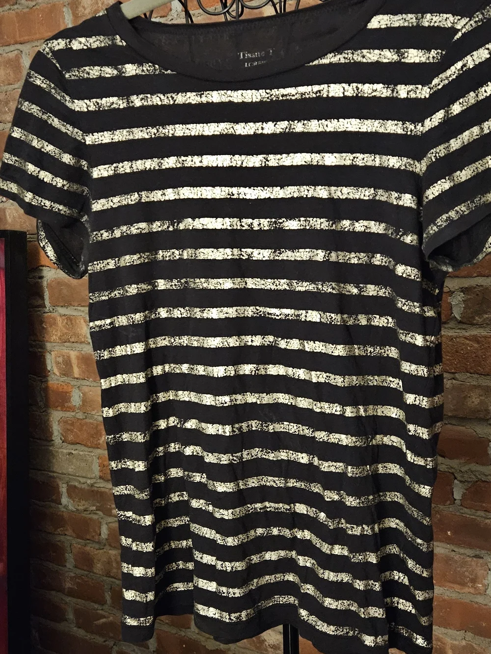 J. Crew Cotton Black Tee with Metallic Gold Stripes